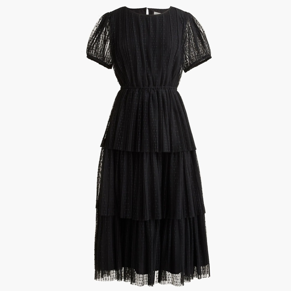 NWT J.Crew Factory Pleated flock-dot puff-sleeve dress in black